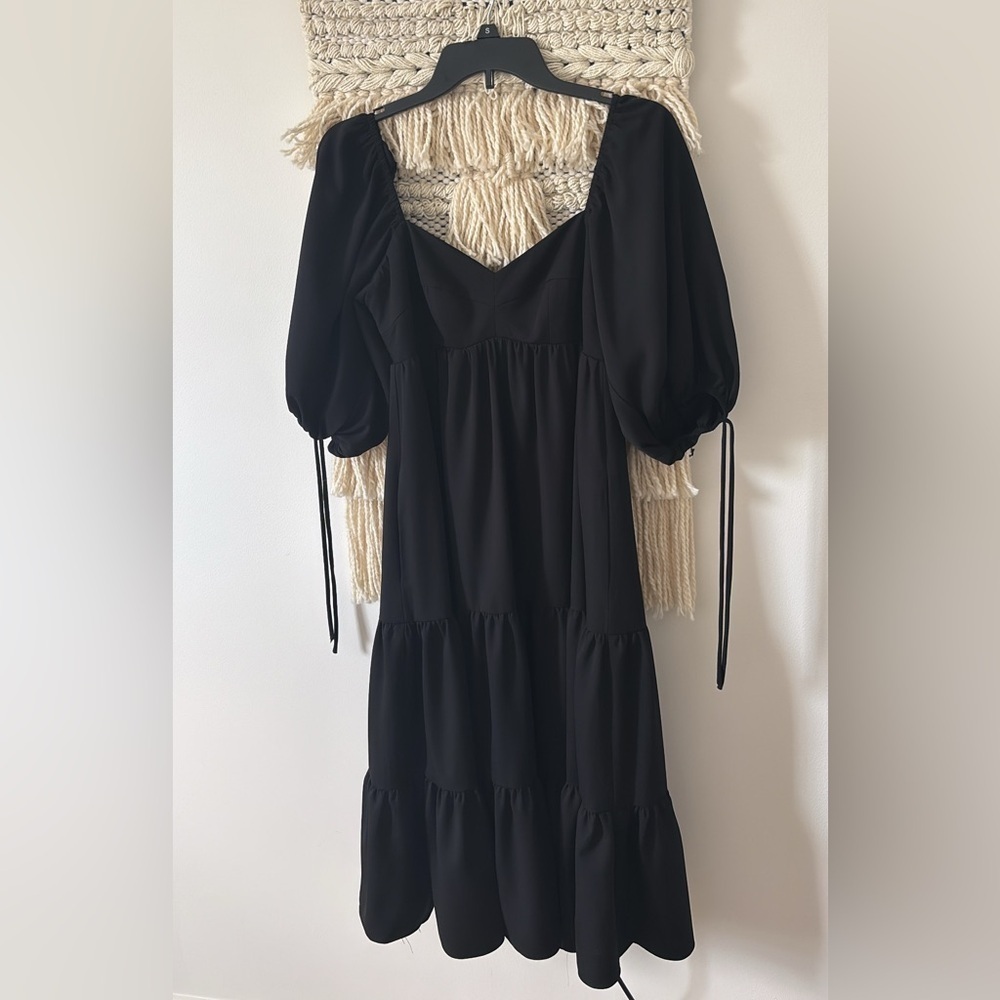 Amanda Uprichard Sicily Dress in Black Tiered Tie Sleeves Sweetheart Neck Small